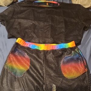 Black Mesh Two-Piece Set with Rainbow Accents